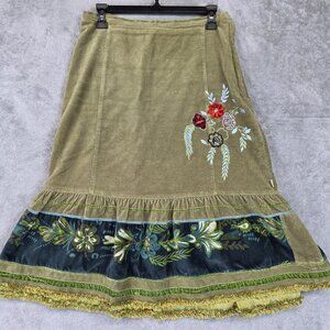 Oilily Skirt Womens 36 Green Velvet Embroidered Floral Boho A Line Midi Lined